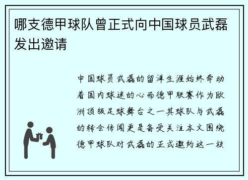 哪支德甲球队曾正式向中国球员武磊发出邀请