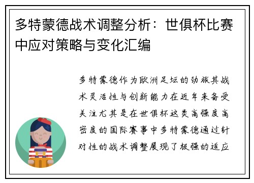 多特蒙德战术调整分析：世俱杯比赛中应对策略与变化汇编